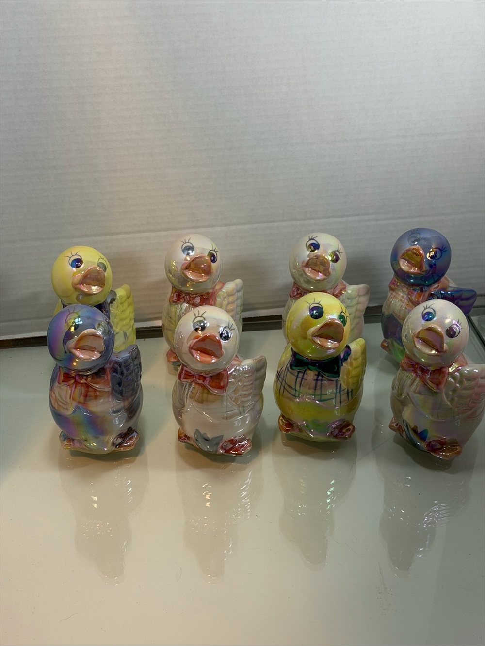 Vintage Set of 8 Iridescent Ceramic Duck Coin Banks Lusterware Made in China